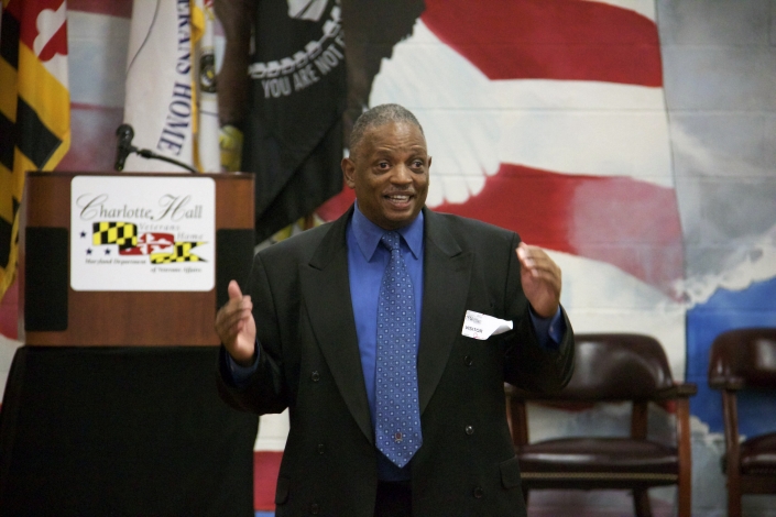 Alan Crawley, DLLR Labor Exchange Administrator for Southern Maryland, addressing graduates and guests.