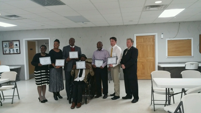 Graduating Class for Eastern Shore 2015 Class. Left to Right: Vanetta Perdue, Catena Jeffcoat, Roy C Jeffcoat, Cheyenne Briddell, Glenn Sheridan, Travis Julyan, and Joe Giordano Project Opportunity<sup>SM</sup> Founder