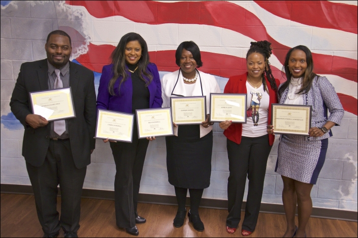 Southern Maryland Fall 2019 Class Graduation Photo. Left to Right: Donald Cozart-Amos, Cordelia Postell, Zeporah D. Dasher, Shari D. Scott, Adrienne Purnell-Somerville. Not Pictured: Max Levasseur, Melvin Postell