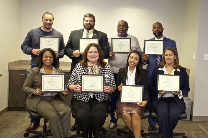 Prince George’s Fall 2019 Graduating Class. First Row Left to Right: Valarie R. Austin, Julie Shepard, Monique Rice, Julia barrera-Thomas. Second Row Left to Right: Francisco Leca, Scott Shepard, Lenard Peake, Sr., Dana Summons. Not Pictured: Serita Fontaine