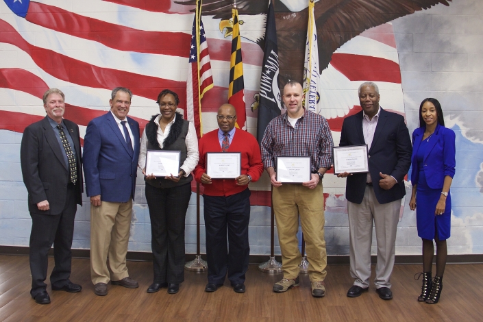 Left to Right: Joe Giordano, Founder Project Opportunity; Secretary George W. Owings III, Maryland Department of Veterans Affairs; Tiffany Daniel, Robert A. Gary, John W. Green, Myron Higgins, Tiffany W. Davis, Course Facilitator