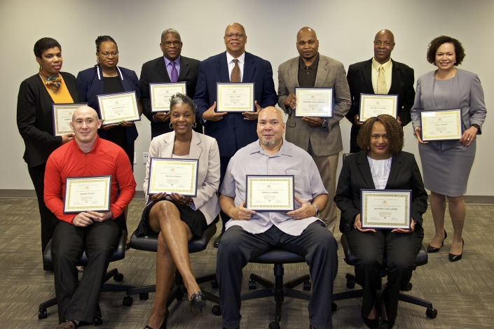 First Row Left to Right: Robert Thomas, Felicia Kelso, James Clarke, Seconda Hollinger. Second Row Left to Right: Daphney Elder, Allisha Ellis, Aaron Rice, Paul Vann, Nantambu Carlock, Michael Waithe, Lisa Alston. Not Pictured: Petra George-Clement