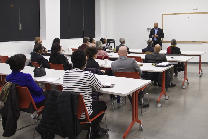 Robert Worthington, Founder of Hoop Drills for Skills Basketball Camps, LLC and Project Opportunity<sup>SM</sup> Anne Arundel/Howard County Fall 2015 Class Graduate, delivering Key Note Address to graduating class and guests