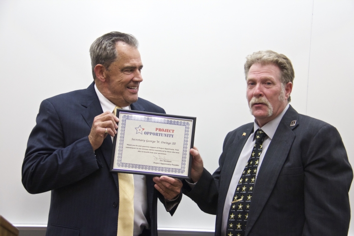 Joe Giordano, Founder Project Opportunity, Presenting Maryland Department of Veterans Affairs Secretary George W. Owings III with Certificate of Appreciation at Graduation Ceremony