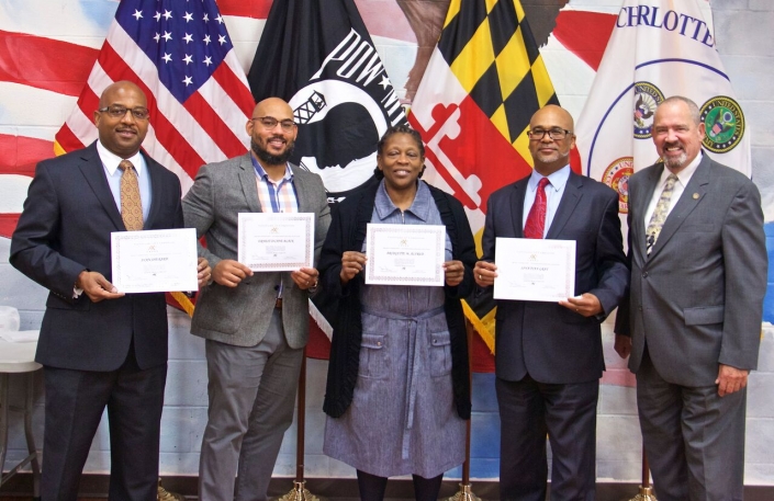 Southern Maryland Fall 2018 Class Photo. Left to Right: Ivan Sherard, Ernest Duane Black, Bridgette M. Alfred, Jonathan Gray, Maryland Department of Veterans Affairs Secretary George W. Owings III