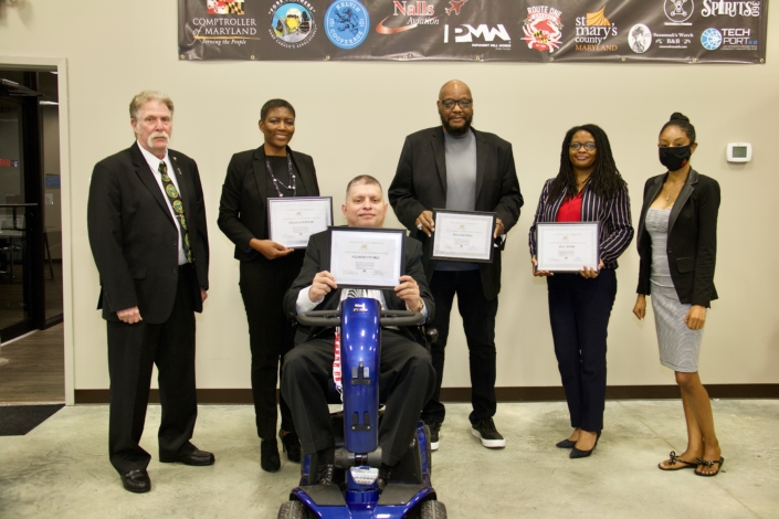 Southern Maryland Fall 2020 Graduating Class 1st Row – Wilberto Flores 2nd Row Left to Right: Joe Giordano, Founder; Theila A. Puryear, William Jones, Tia L. Myers, Tiffany Davis Course Facilitator