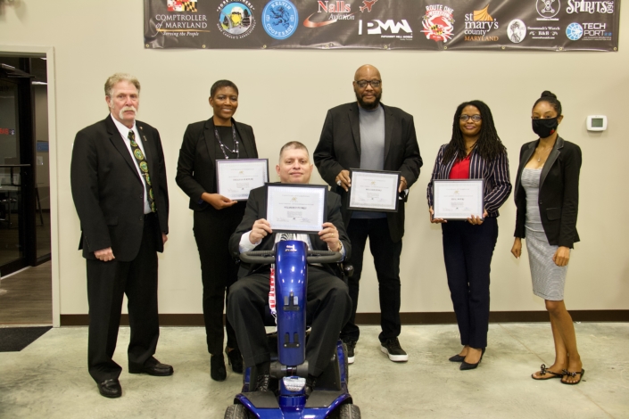 Southern Maryland Fall 2020 Graduating Class 1st Row – Wilberto Flores 2nd Row Left to Right: Joe Giordano, Founder; Theila A. Puryear, William Jones, Tia L. Myers, Tiffany Davis Course Facilitator