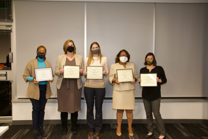 Spring and Fall 2020 Class Graduates. Left to Right: Lisa Miller, Katie F. Kilby, Kristen Earp, Rae Tunney and Elizabeth Manicchia. Not Pictured: Towana Ayers, Deborah Iris Louise Hawkins, Jessica McGrath, Yaneth Resto, and Amber Trainer