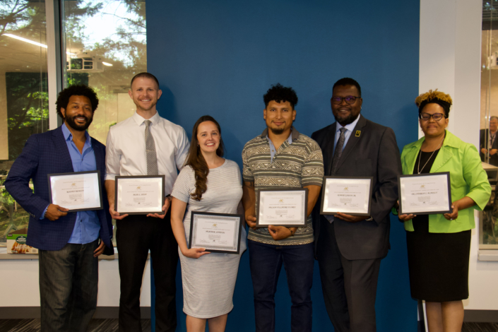 Left to Right: Rodney Remson, Jesse L. Sieff, Heather Jovenal, Nelson Villatoro Flores, Robert Gibson, Jr., Dr. Cherron L. Blakely