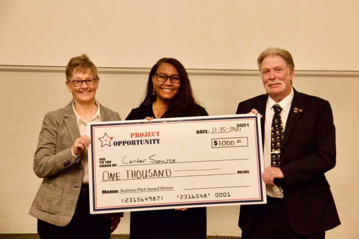 Business Pitch Check Award Presentation Left to Right: Carlene Cassidy, CEO Philip E and Carol R Ratcliffe Foundation; Tammie Center, Center Source Inc.; Joe Giordano, Founder Project Opportunity