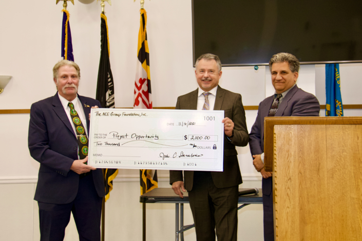 ACE Group Foundation Southern Maryland Project Opportunity<sup>SM</sup> Sponsorship Check Presentation Left to Right: Joe Giordano, Project Opportunity<sup>SM</sup> Founder; Michael McNellis ACE Group Foundation President; Tom Dunn ACE Group Foundation Board Member