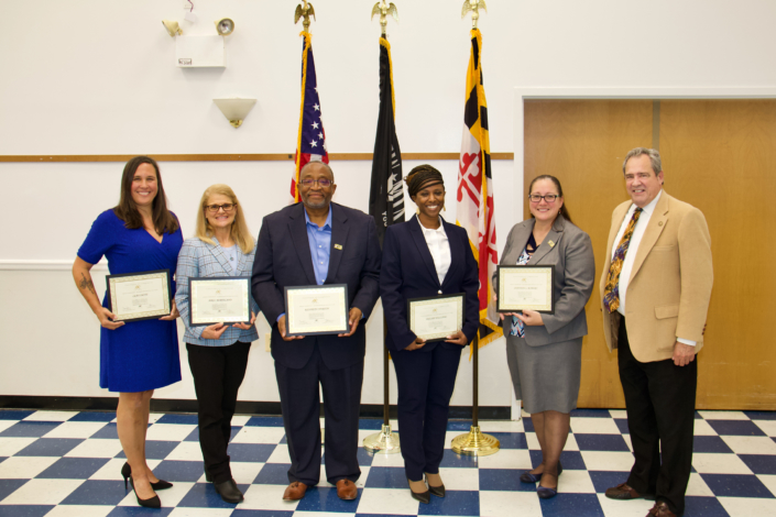 Southern Maryland Fall 2021 Class Graduation Photo Left to Right: Leah Smith; April Mortland; Kenneth Overton; Akilah Williams; Shannon Romero; Secretary George Owings Maryland Department of Veterans Affairs