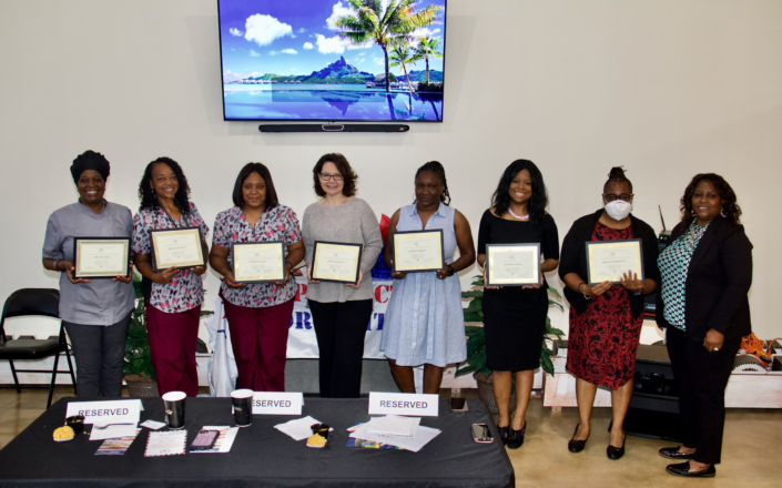 Left to Right: Amy Pollock, Brenda Waldon, Cynthia Dingle, Janice Muscella, Jasmine Wright, Kandace Sewell, Marilyn Rodriquez, and Warline Bryant Course Facilitator