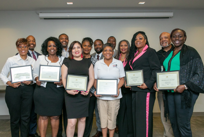 First Row Left to Right: Dr. Pandolla Owens; Zorina Pritchett; Maria Lourdes Chavez; Tamara Hilson; LaShaunda Person; and Dr. Mofolasayo Abolain Second Row Left to Right: Arthur Toole; Michael Vernon Williams; Kenji Ono Mundy; Demetrius A. Richardson; Michael Reese Jr.,; Chiquita F. Ivory; and Thomas Hilson, Esq.