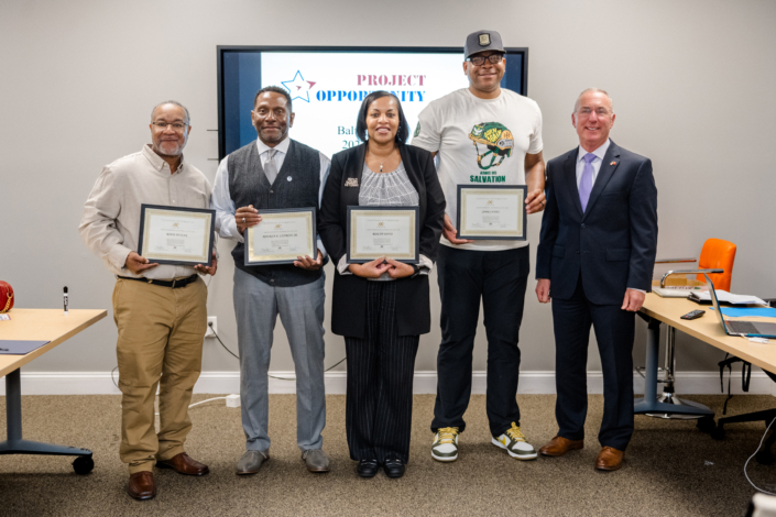 Baltimore Fall 2023 Graduating Class Left to Right: Robie Butler (Positive Vibe Investments), Maurice E. Licorice, Sr., (Military to Mainstream), Roslyn Davis (RoDa Business Solutions), James Jones (Armis Dei Apparel), Gary Slyman, Course Facilitator